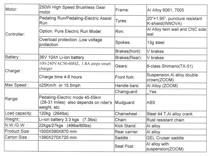 folding electric bike specifications